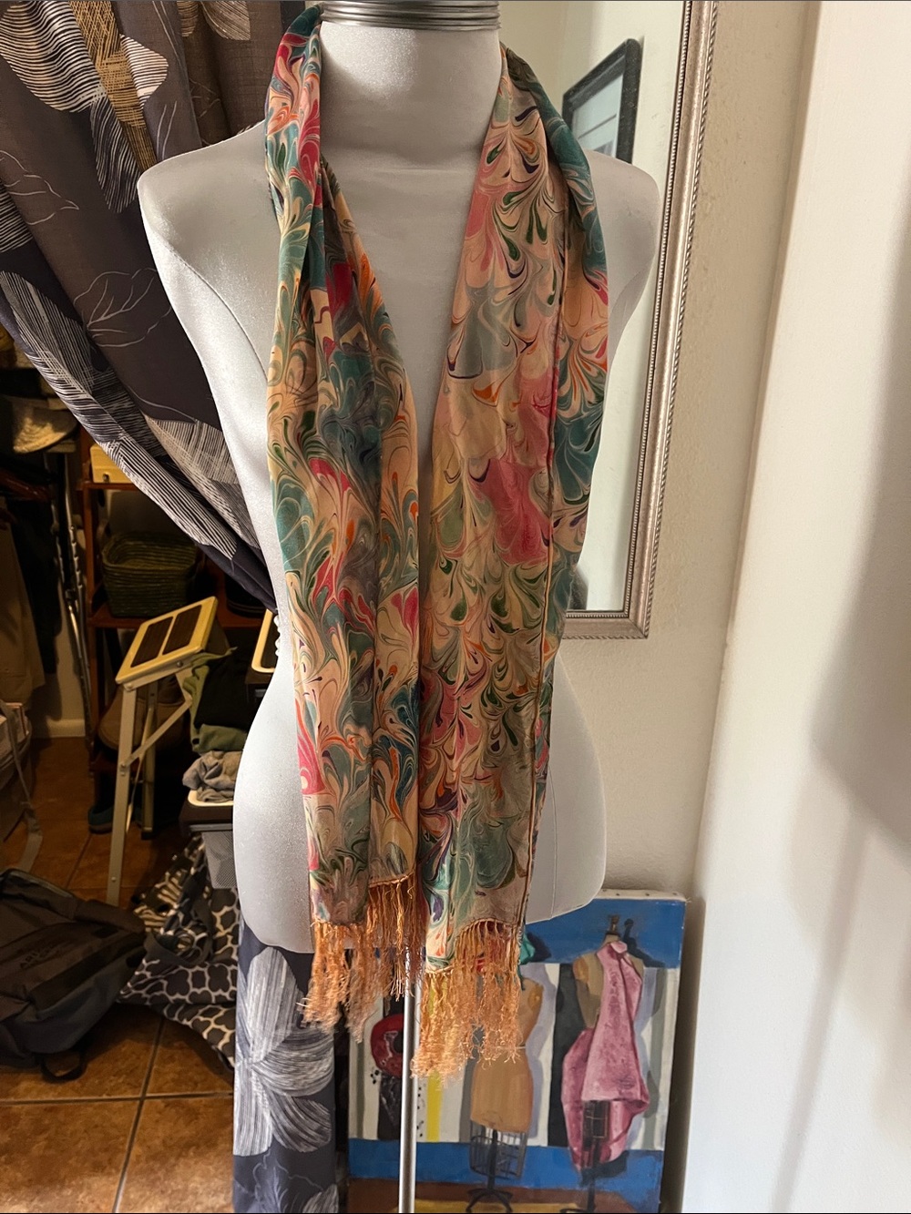 Multicolor Marble Print Silk  Scarf with Fringe